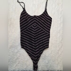 Fleur du Mal Metallic Lurex Chevron Bodysuit | Black & Pink | XS